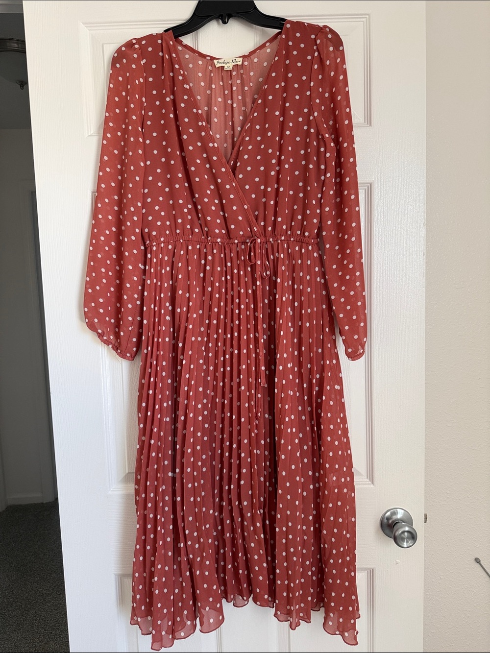 Indigo Rose Polka Dot Pleated Midi Dress - Rust with White Dots